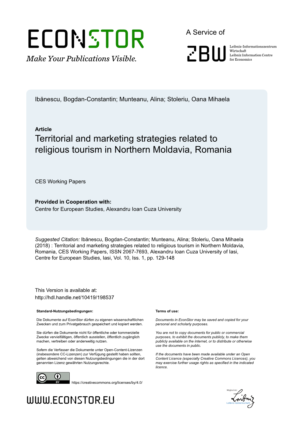 Territorial and Marketing Strategies Related to Religious Tourism in Northern Moldavia, Romania