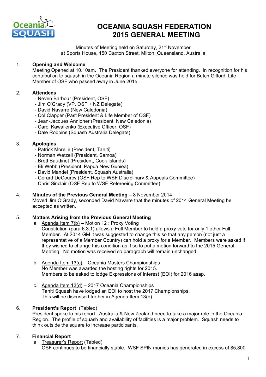 Oceania Squash Federation 2015 General Meeting
