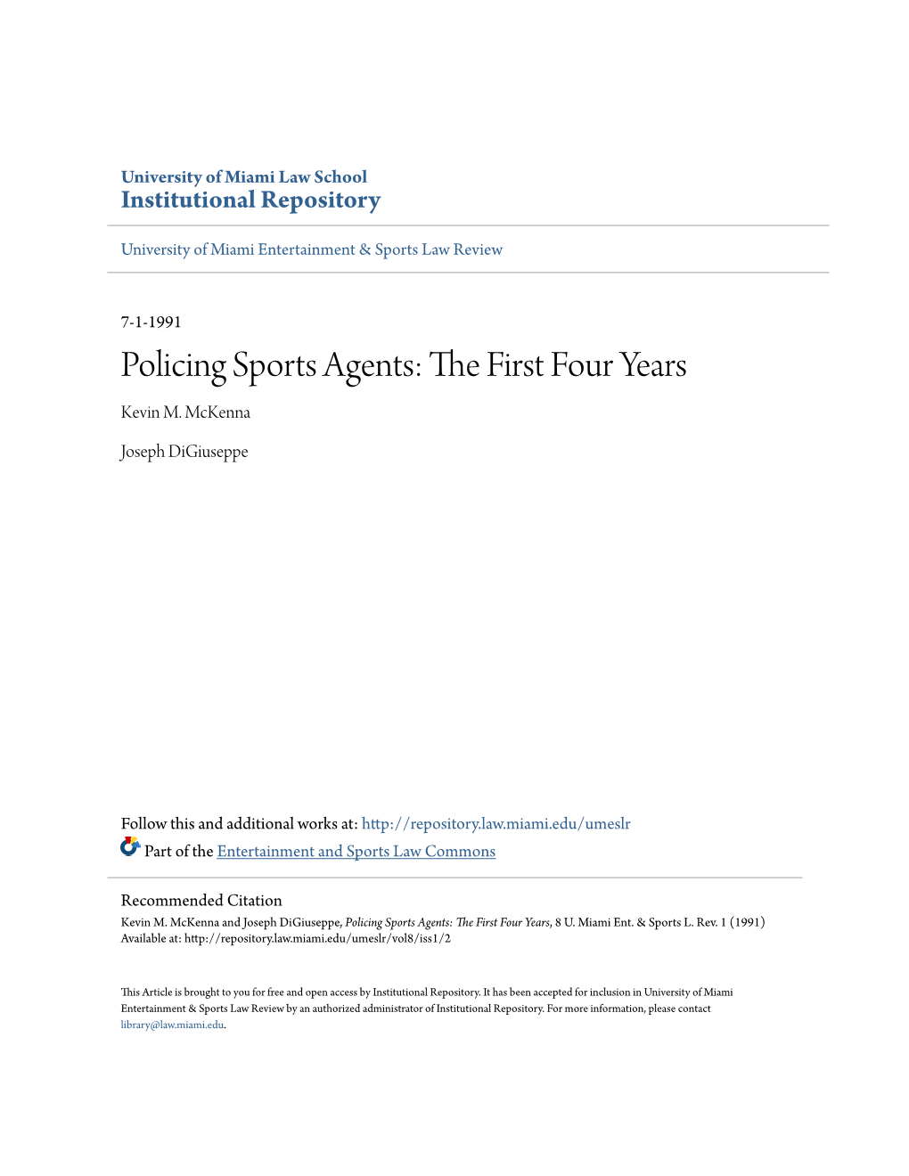 Policing Sports Agents: the Irsf T Four Years Kevin M
