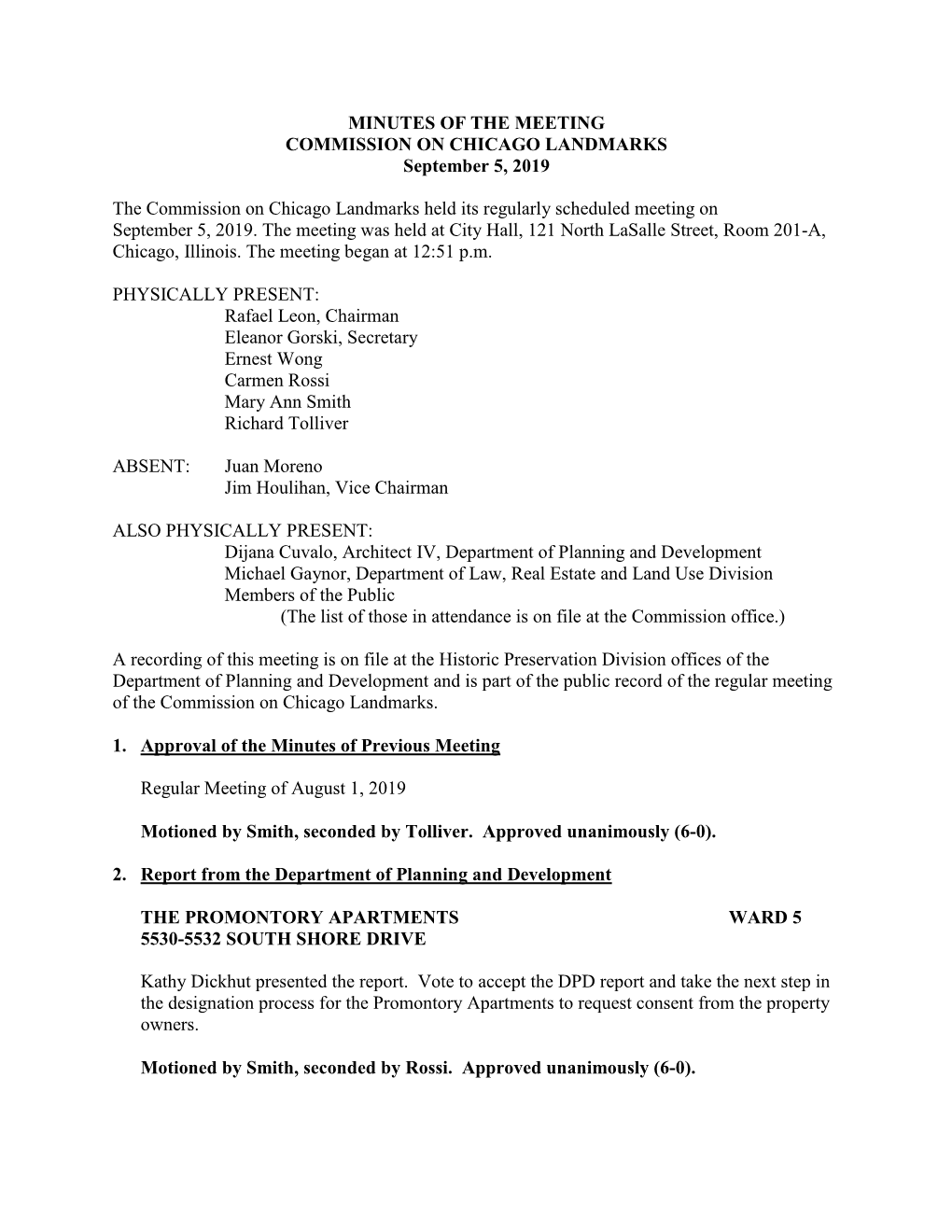 MINUTES of the MEETING COMMISSION on CHICAGO LANDMARKS September 5, 2019