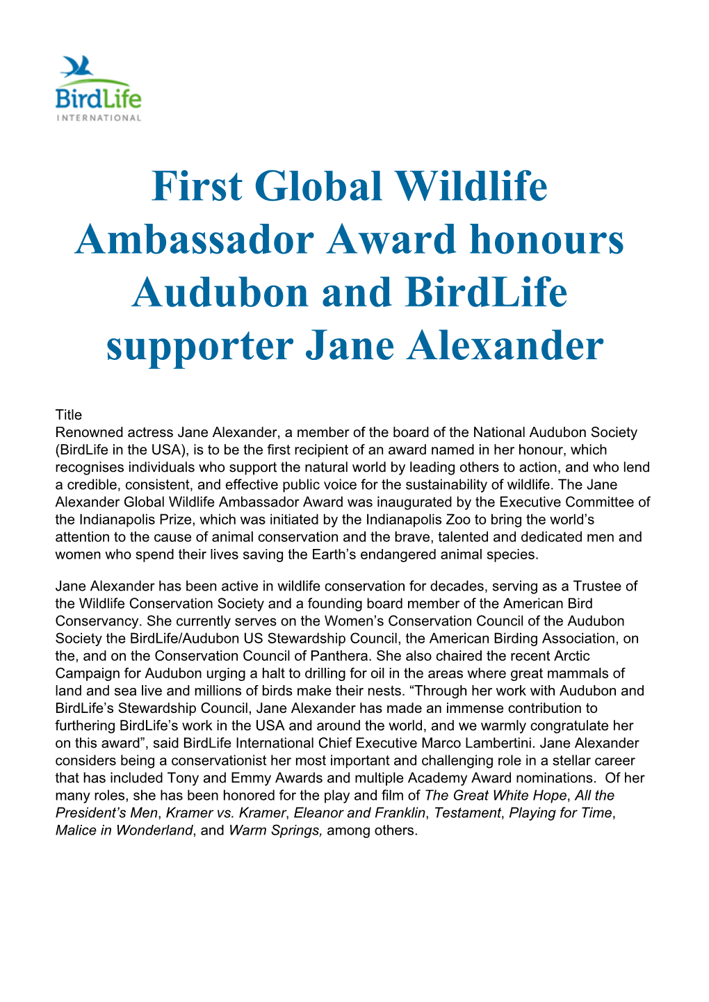 First Global Wildlife Ambassador Award Honours Audubon and Birdlife Supporter Jane Alexander