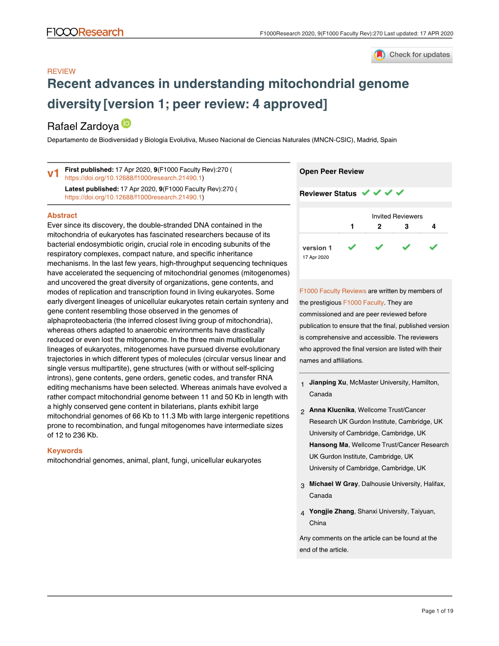 Recent Advances in Understanding Mitochondrial Genome Diversity[Version 1; Peer Review: 4 Approved]