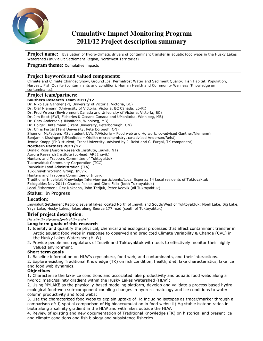 Cumulative Impact Monitoring Program 2011/12 Project Description Summary