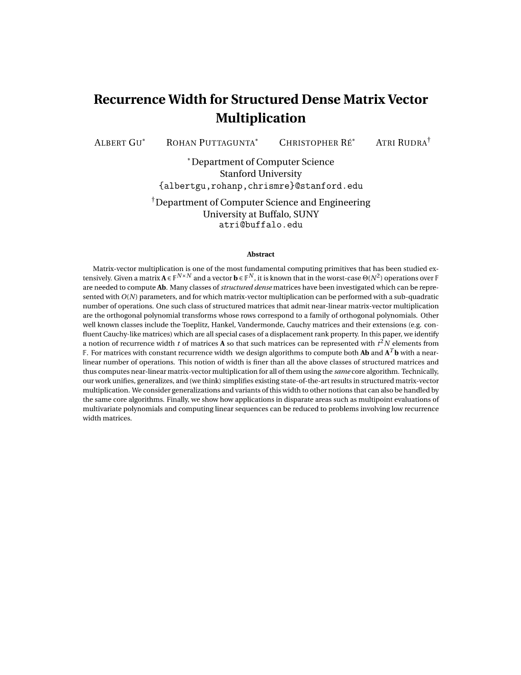 Recurrence Width for Structured Dense Matrix Vector Multiplication