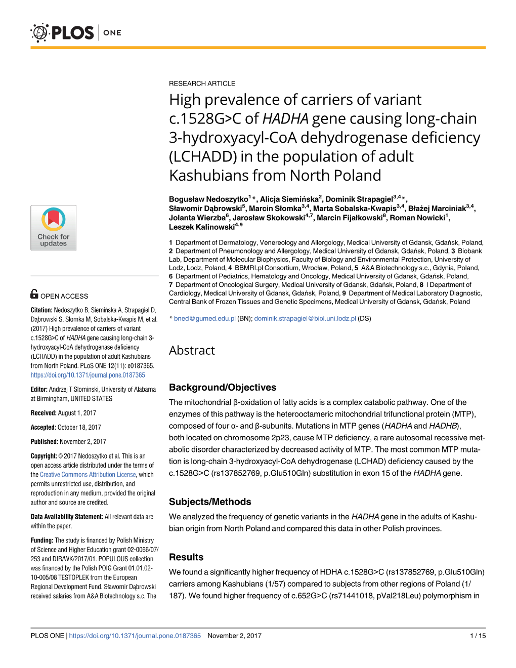 C of HADHA Gene Causing Long-Chain 3-Hydroxyacyl-Coa Dehydrogenase Deficiency (LCHADD) in the Population of Adult Kashubians from North Poland