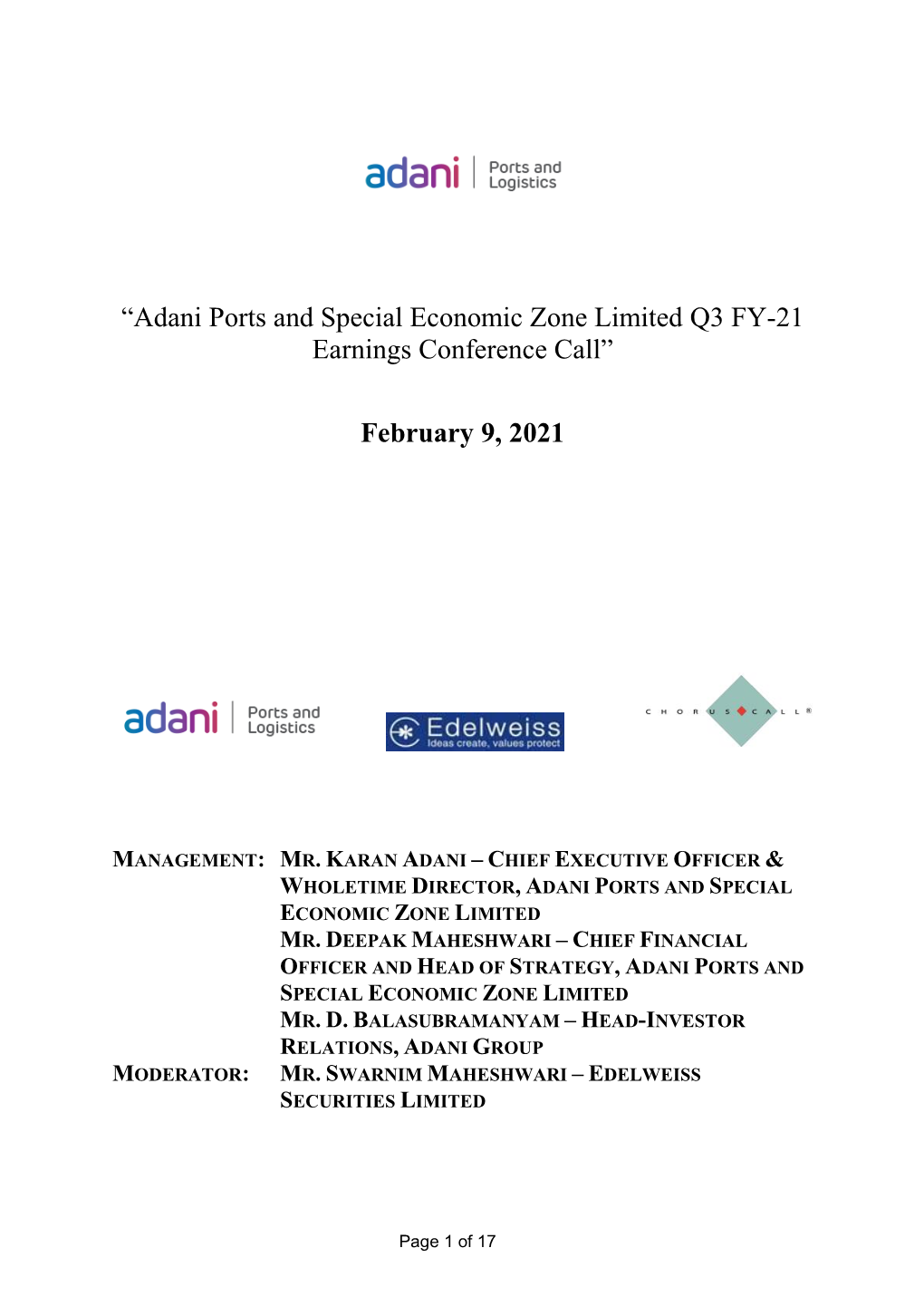 “Adani Ports and Special Economic Zone Limited Q3 FY-21 Earnings Conference Call”