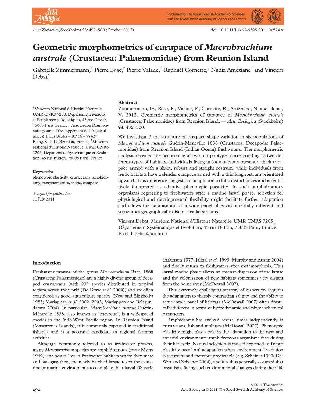Geometric Morphometrics of Carapace of Macrobrachium Australe
