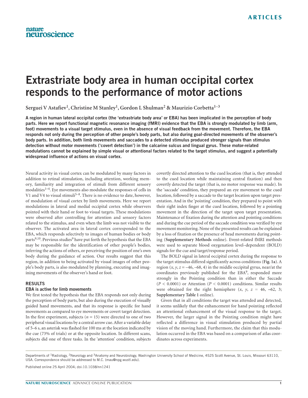 Astafiev (2004) Extrastriate Body Area in Human Occipital Cortex Responds