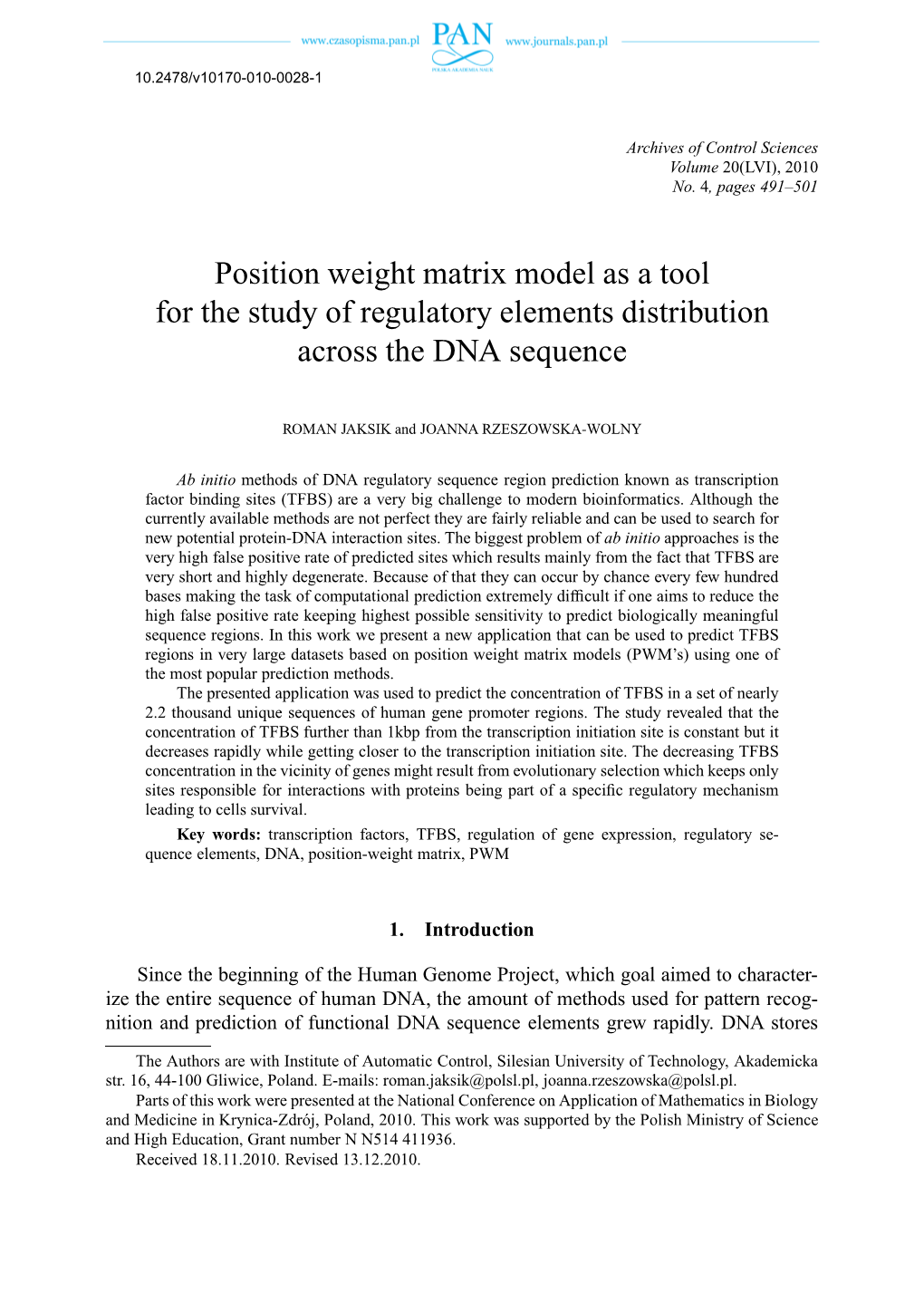 Position Weight Matrix Model As a Tool for the Study of Regulatory Elements Distribution Across the DNA Sequence