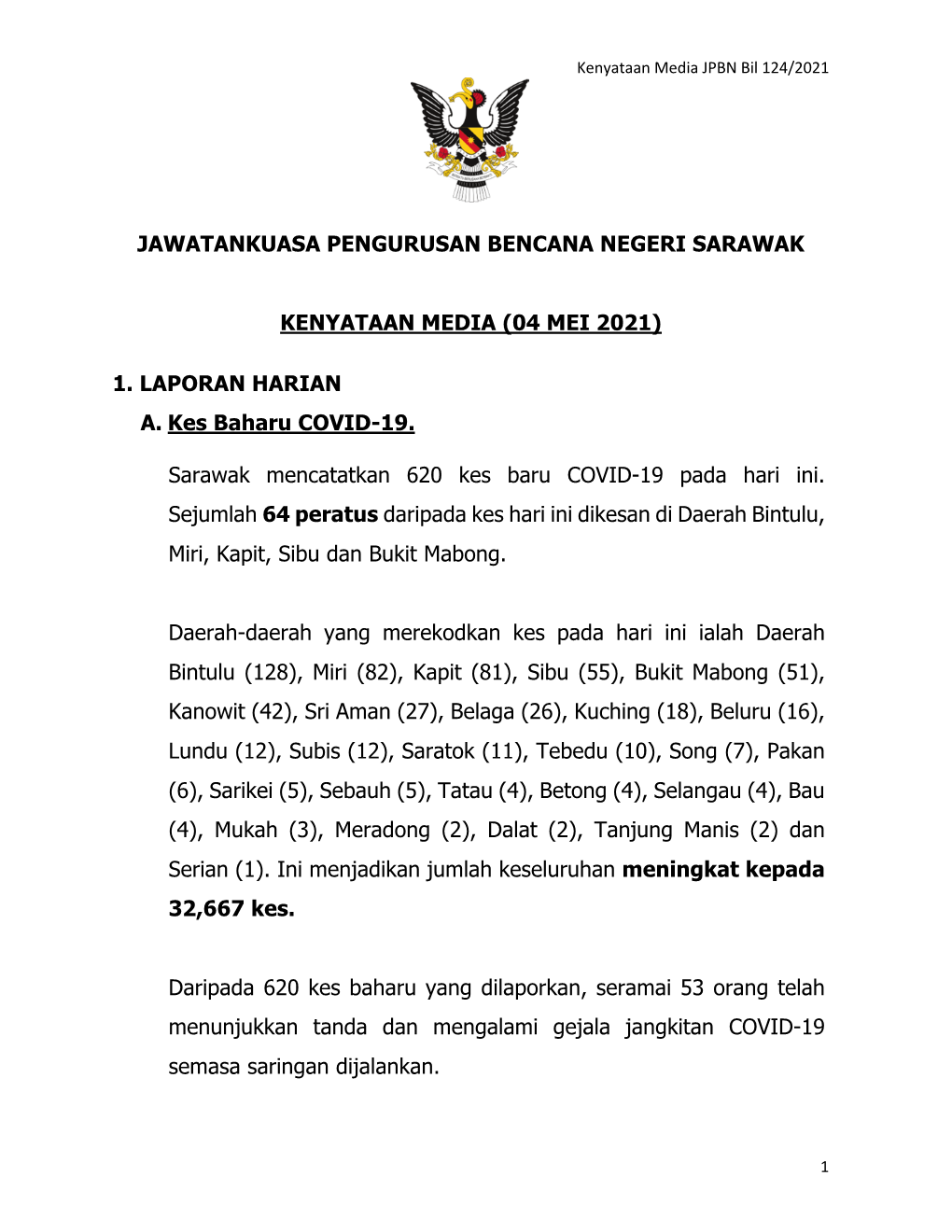 (04 MEI 2021) 1. LAPORAN HARIAN A. Kes Baharu COVID-19. Sarawak M