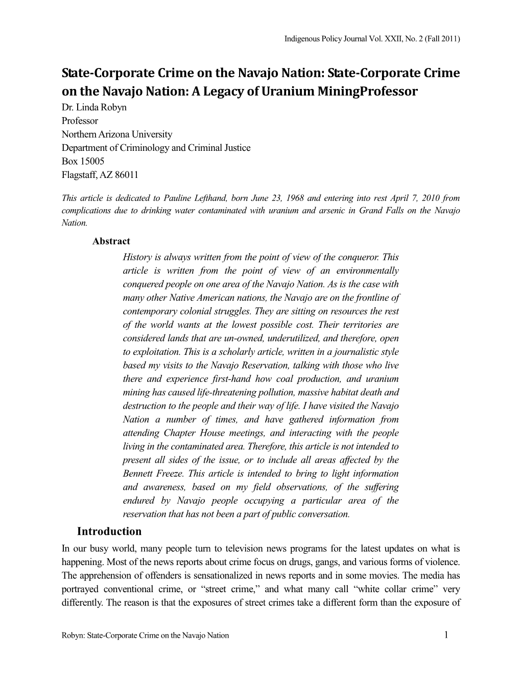 State-Corporate Crime on the Navajo Nation: a Legacy of Uranium Miningprofessor Dr