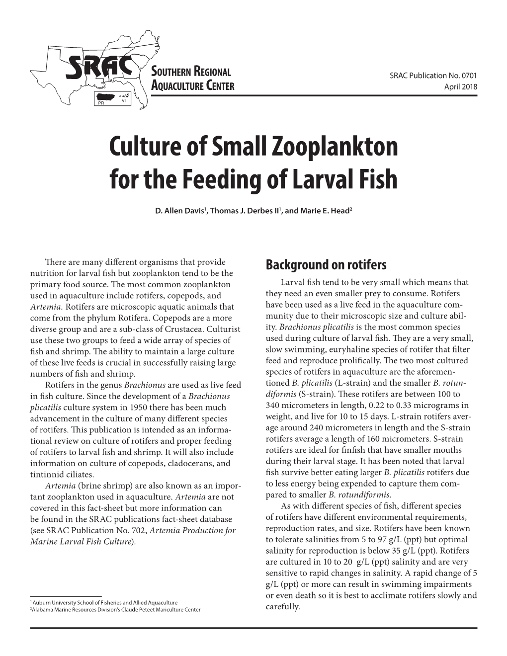 Culture of Small Zooplankton for the Feeding of Larval Fish