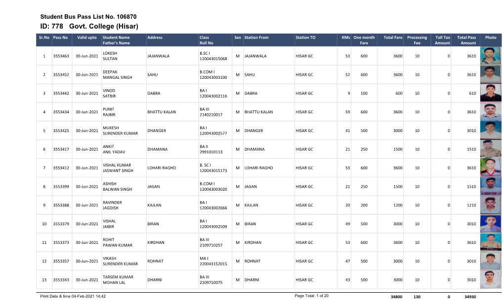 Student Bus Pass List No. 106870 ID: 778 Govt