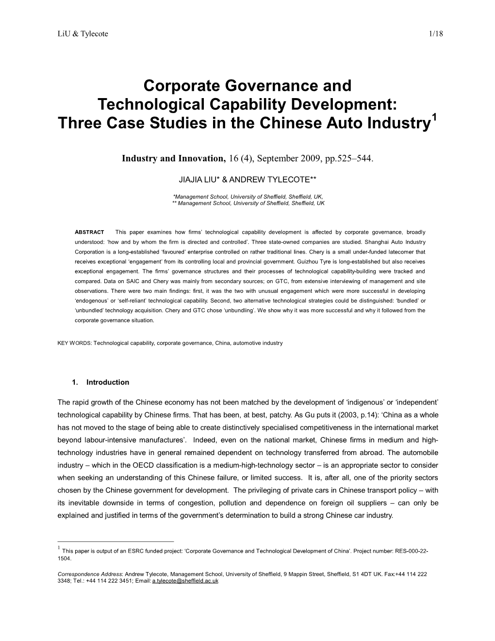 Corporate Governance and Technological Capability Development: Three Case Studies in the Chinese Auto Industry1