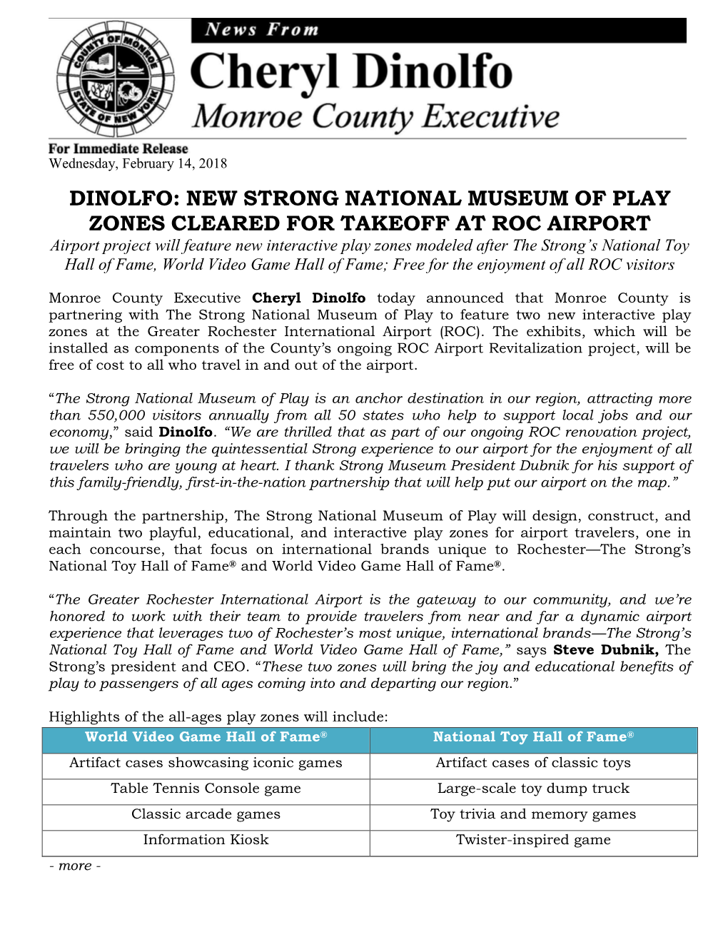 Dinolfo: New Strong National Museum of Play Zones Cleared for Takeoff at Roc Airport