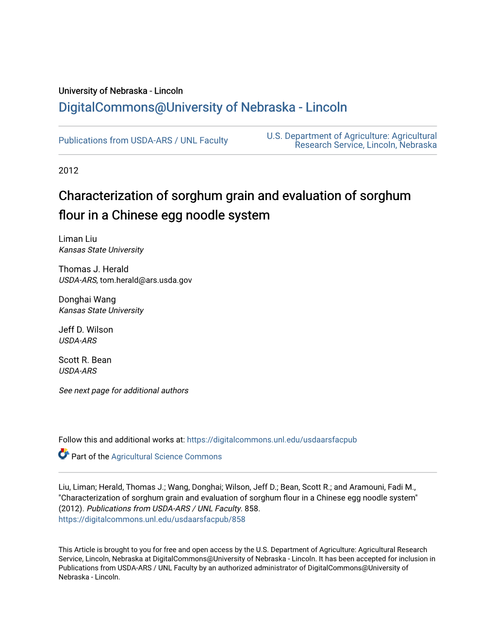 Characterization of Sorghum Grain and Evaluation of Sorghum Flour in a Chinese Egg Noodle System