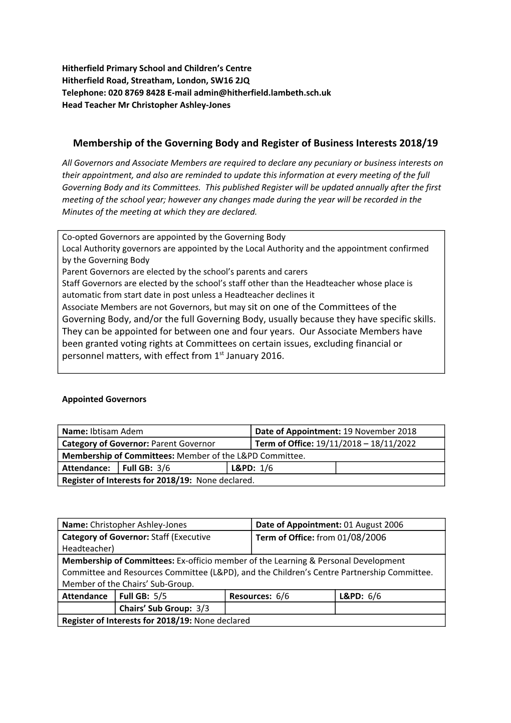 Membership of the Governing Body and Register of Business Interests 2018/19