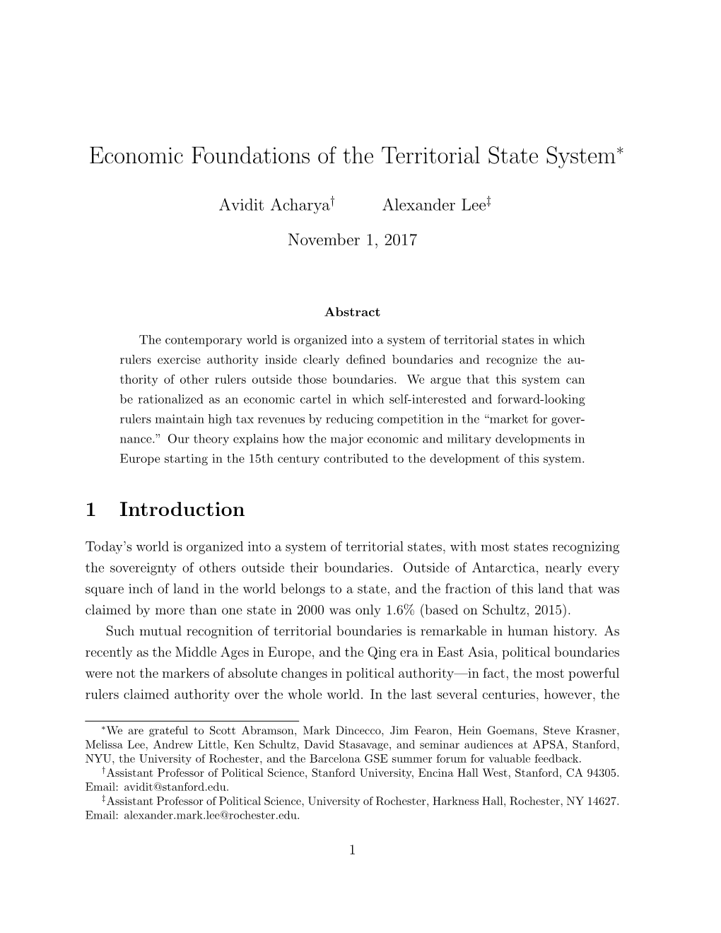 Economic Foundations of the Territorial State System∗