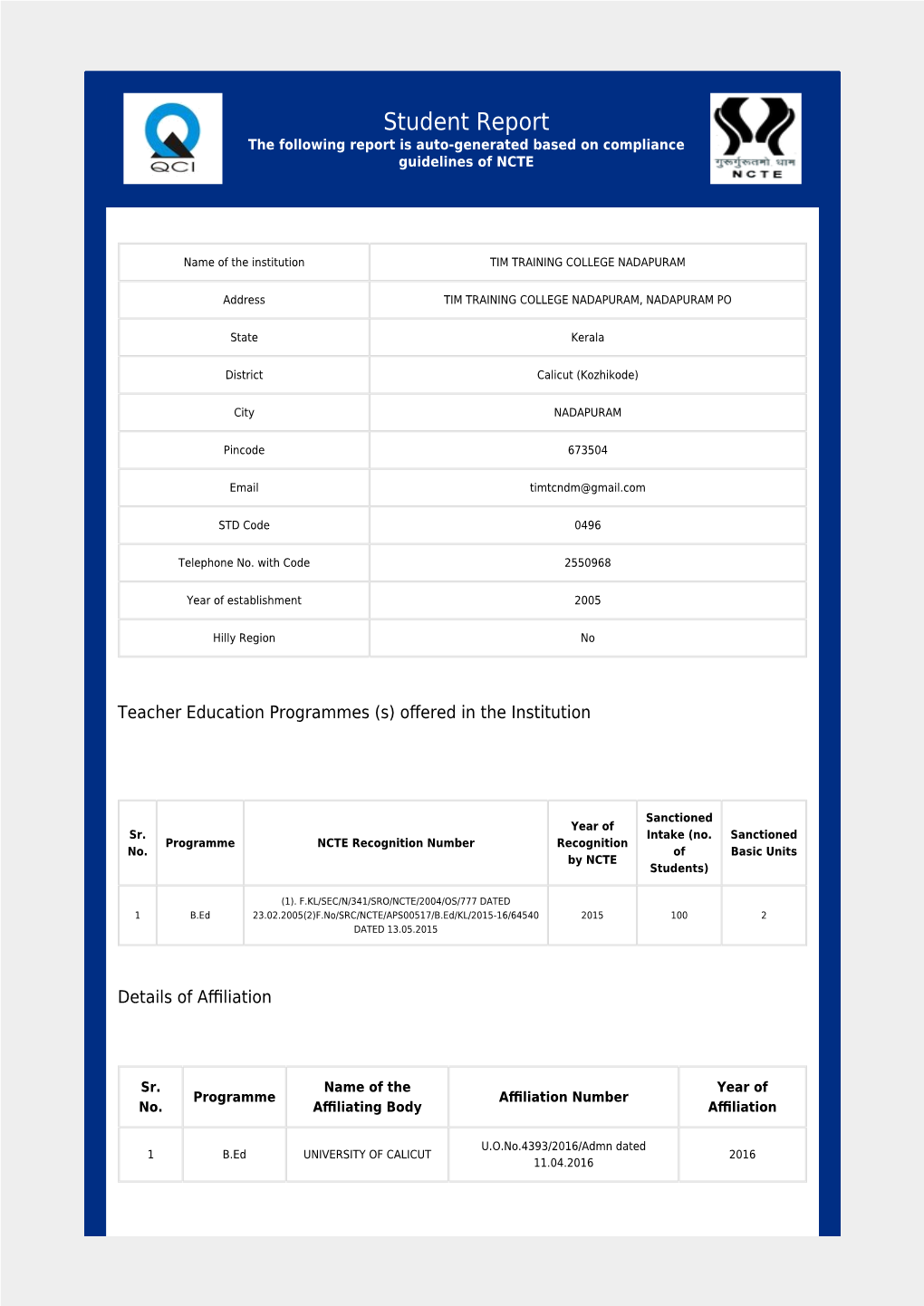 Student Report the Following Report Is Auto-Generated Based on Compliance Guidelines of NCTE