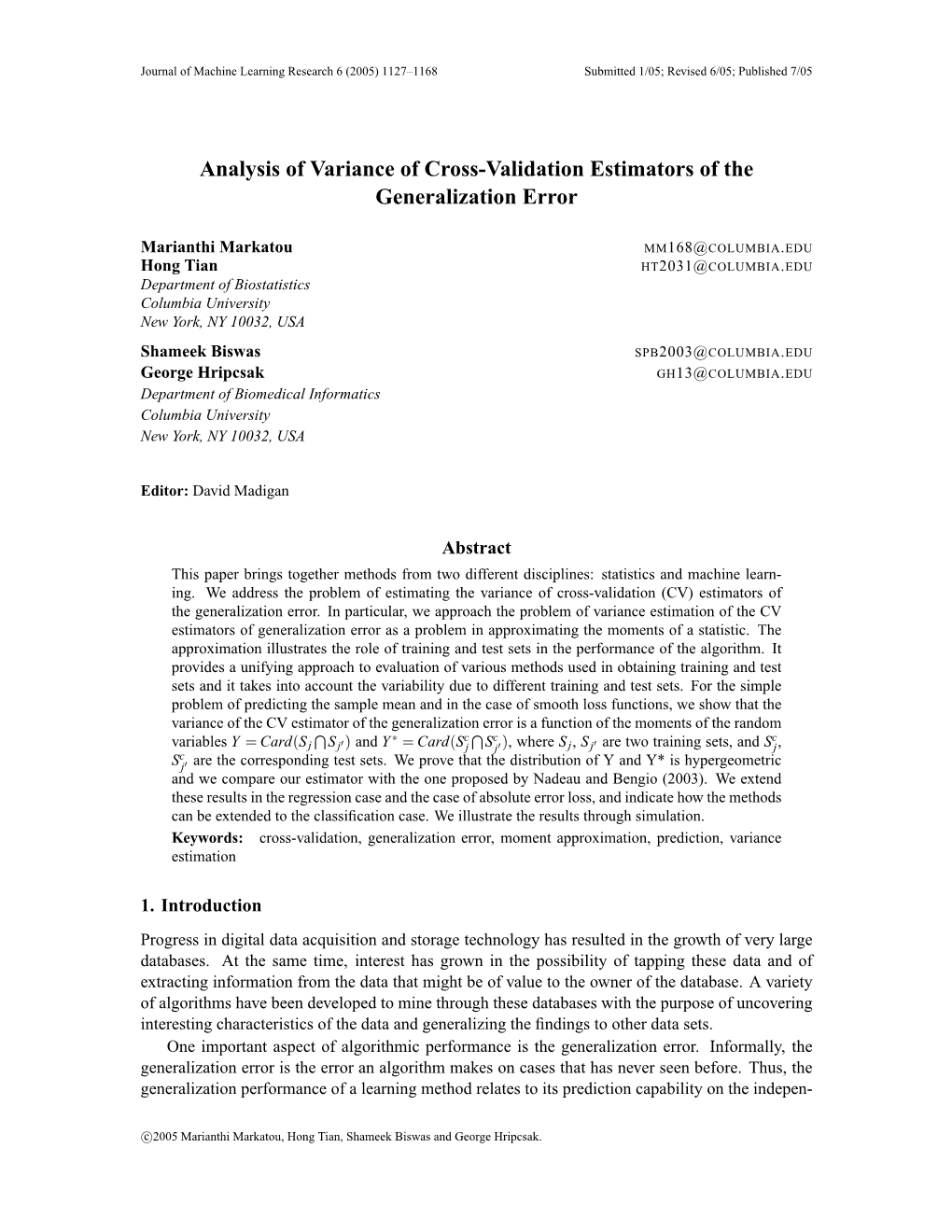 Analysis of Variance of Cross-Validation Estimators of the Generalization Error