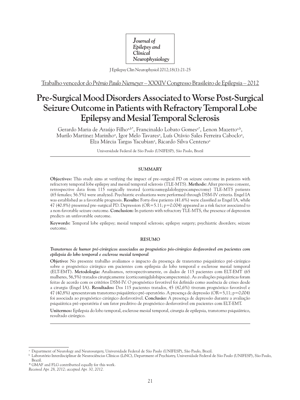 Pre-Surgical Mood Disorders Associated to Worse Post-Surgical Seizure Outcome in Patients with Refractory Temporal Lobe Epilepsy