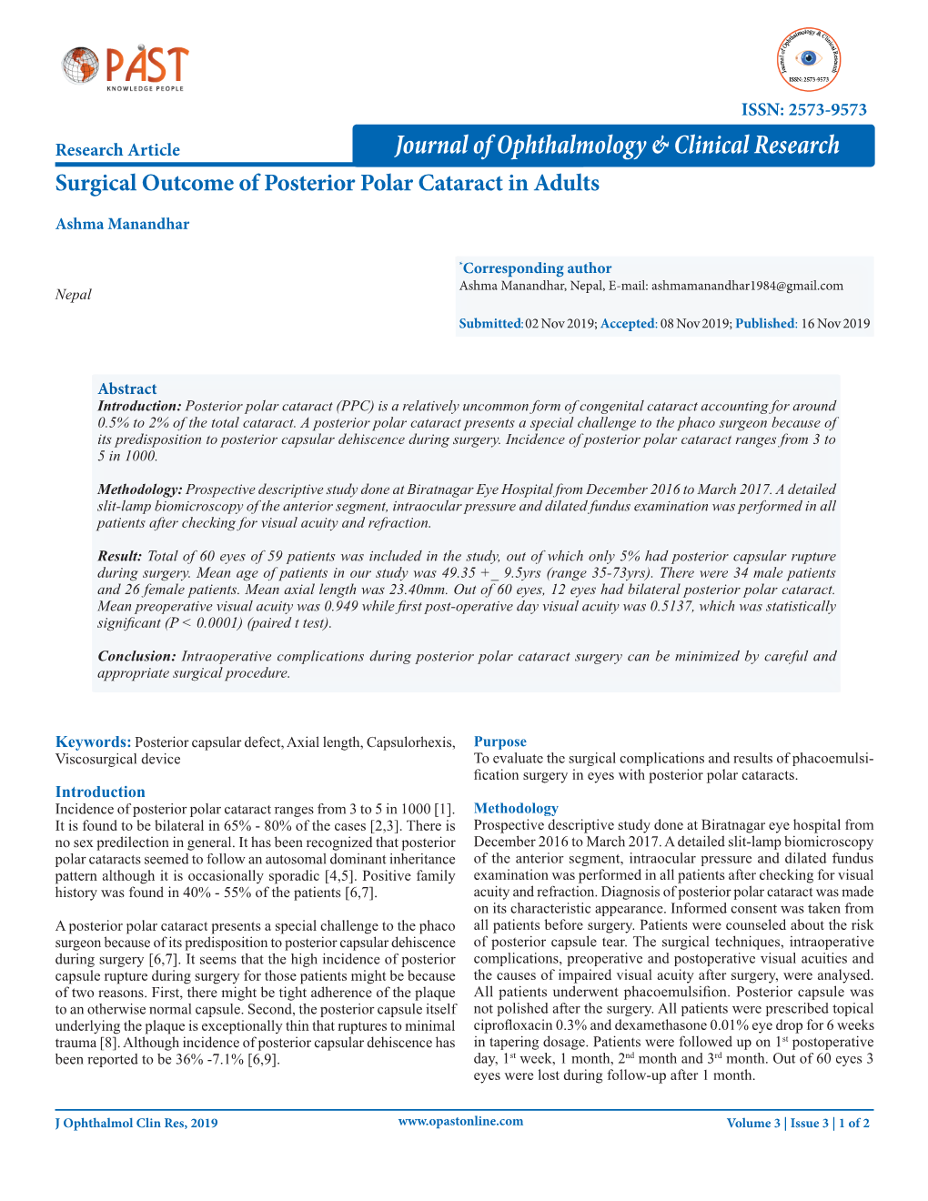 Surgical Outcome of Posterior Polar Cataract in Adults