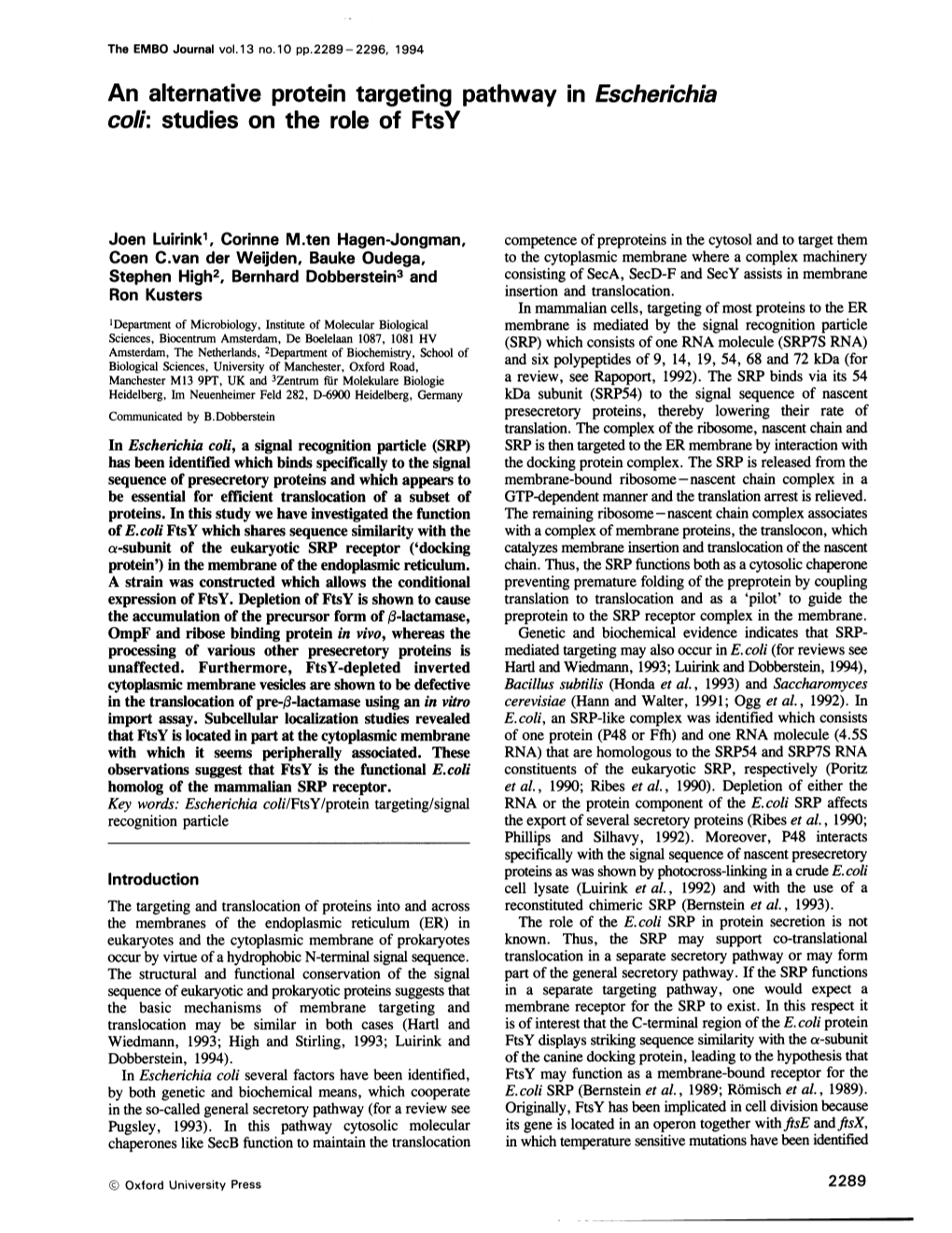 An Alternative Protein Targeting Pathway in Escherichia Coli: Studies on the Role of Ftsy