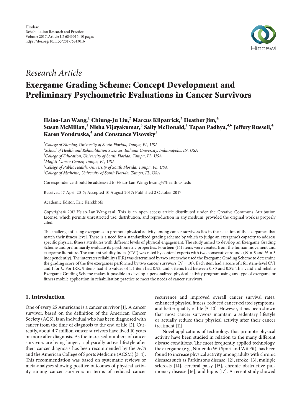 Research Article Exergame Grading Scheme: Concept Development and Preliminary Psychometric Evaluations in Cancer Survivors