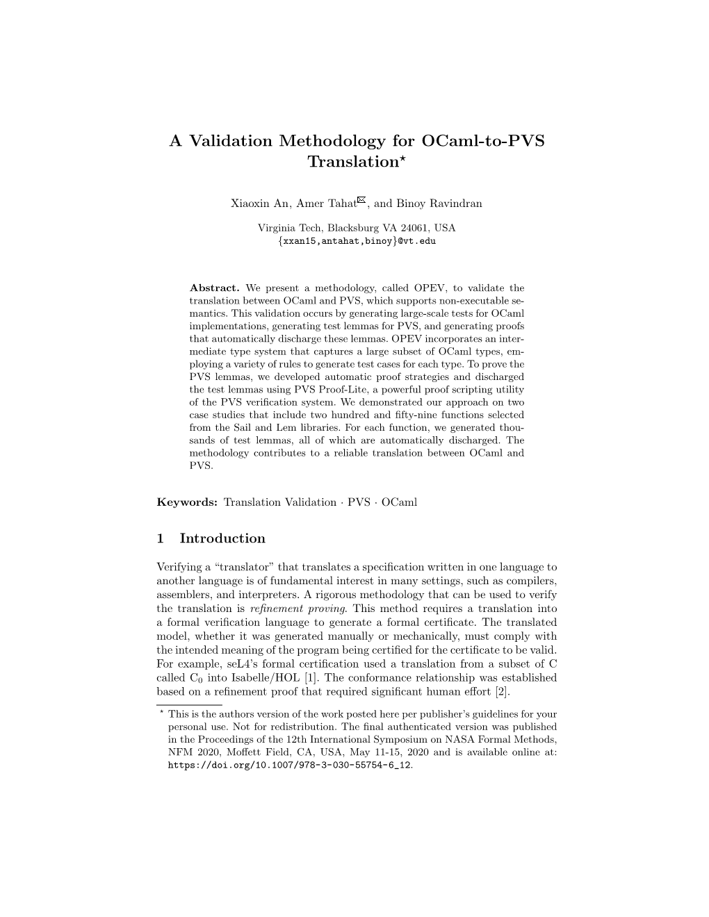A Validation Methodology for Ocaml-To-PVS Translation⋆