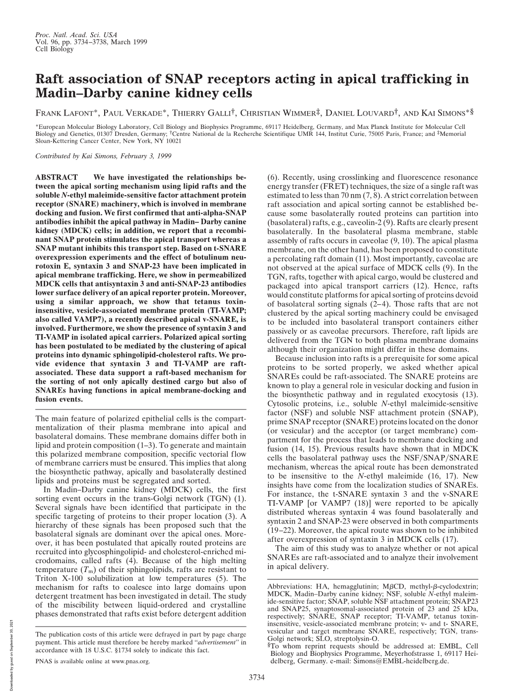 Raft Association of SNAP Receptors Acting in Apical Trafficking in Madin–Darby Canine Kidney Cells