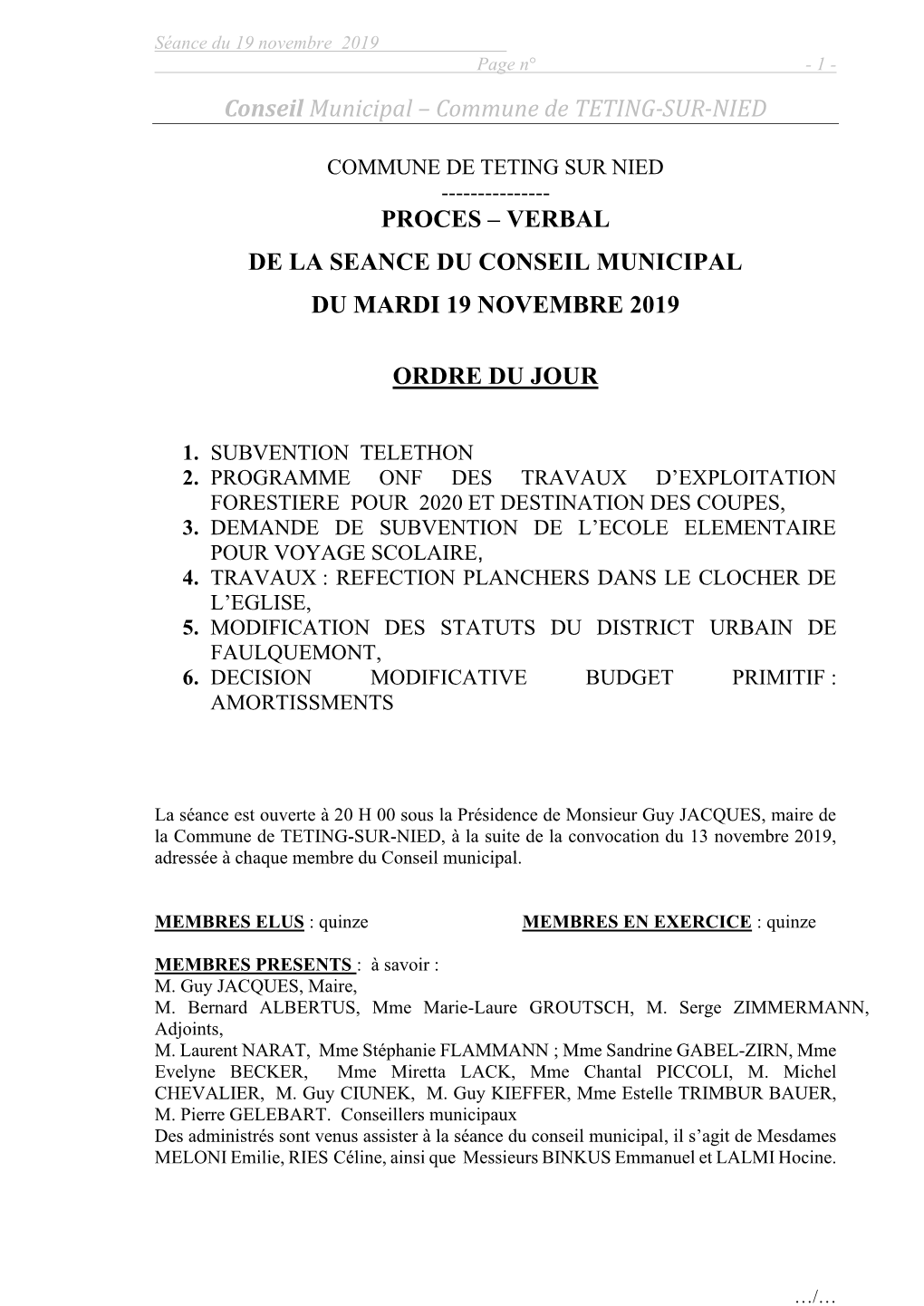 Commune De Teting Sur Nied ------Proces – Verbal De La Seance Du Conseil Municipal Du Mardi 19 Novembre 2019