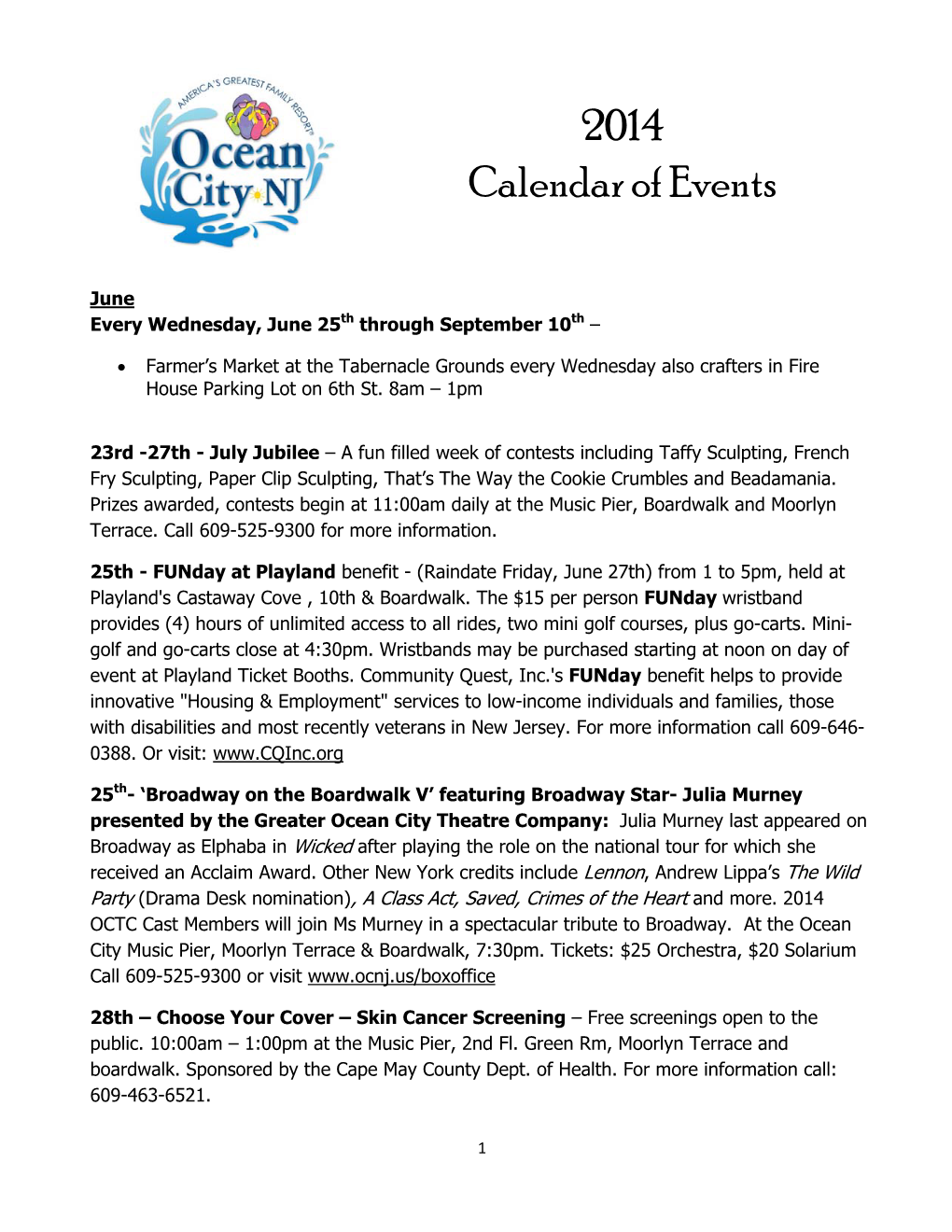 2014 Calendar of Events