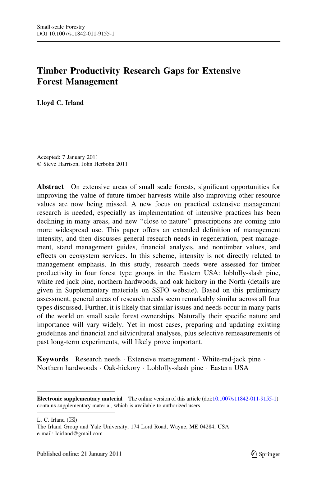 Timber Productivity Research Gaps for Extensive Forest Management