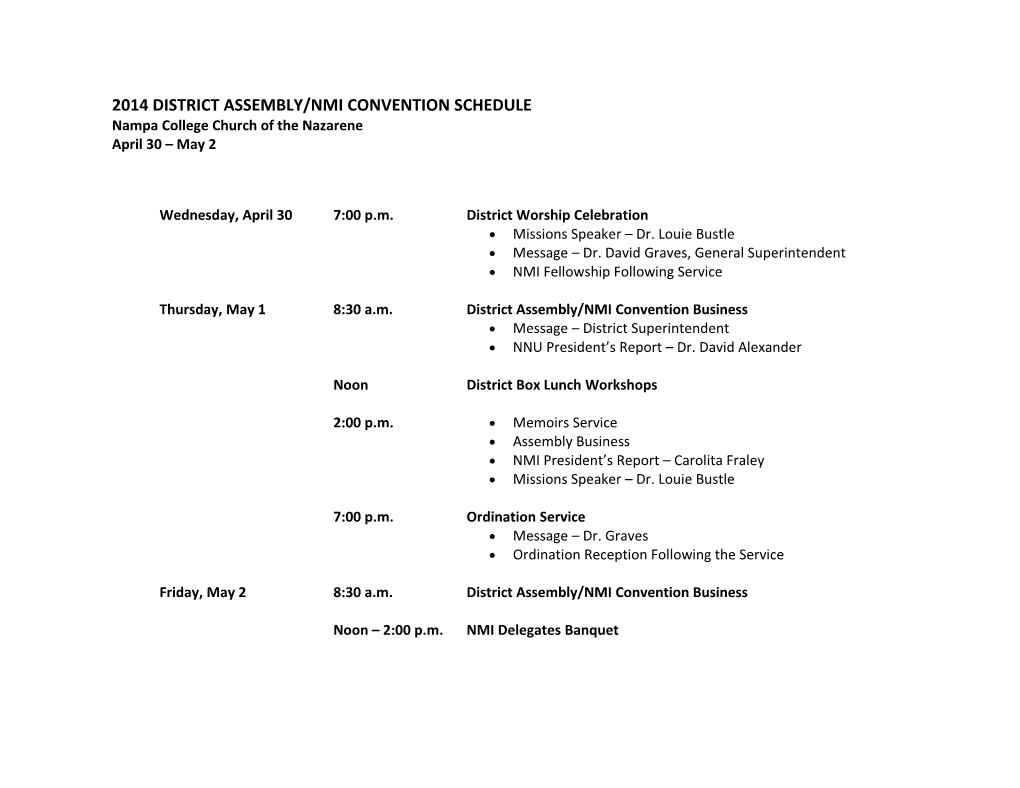 2014 District Assembly/Nmi Convention Schedule