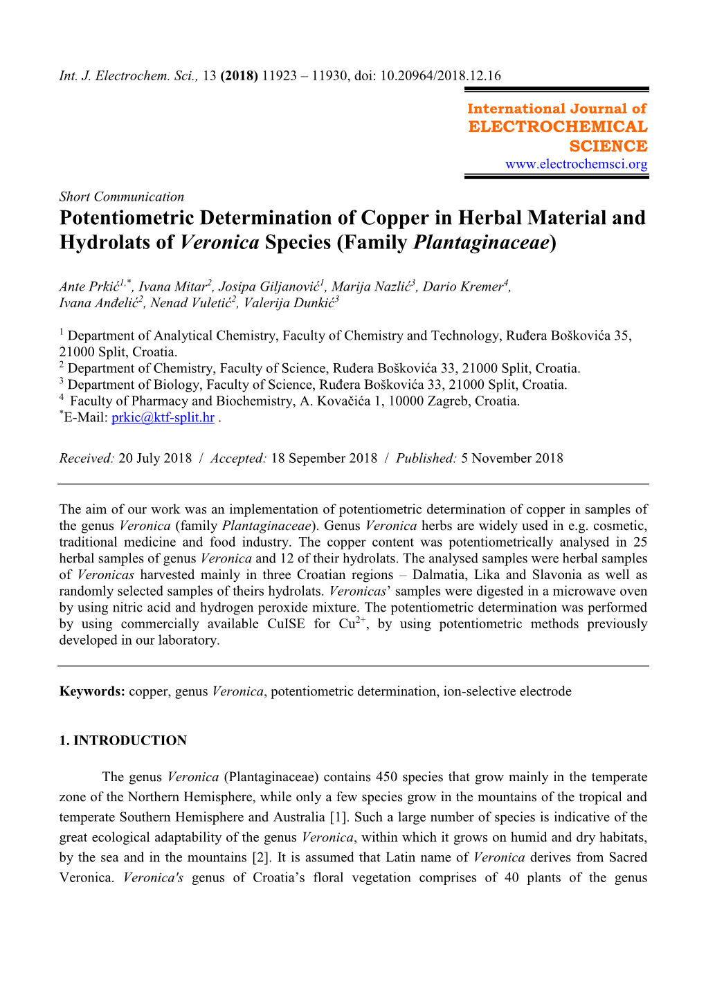 Potentiometric Determination of Copper in Herbal Material and Hydrolats of Veronica Species (Family Plantaginaceae)