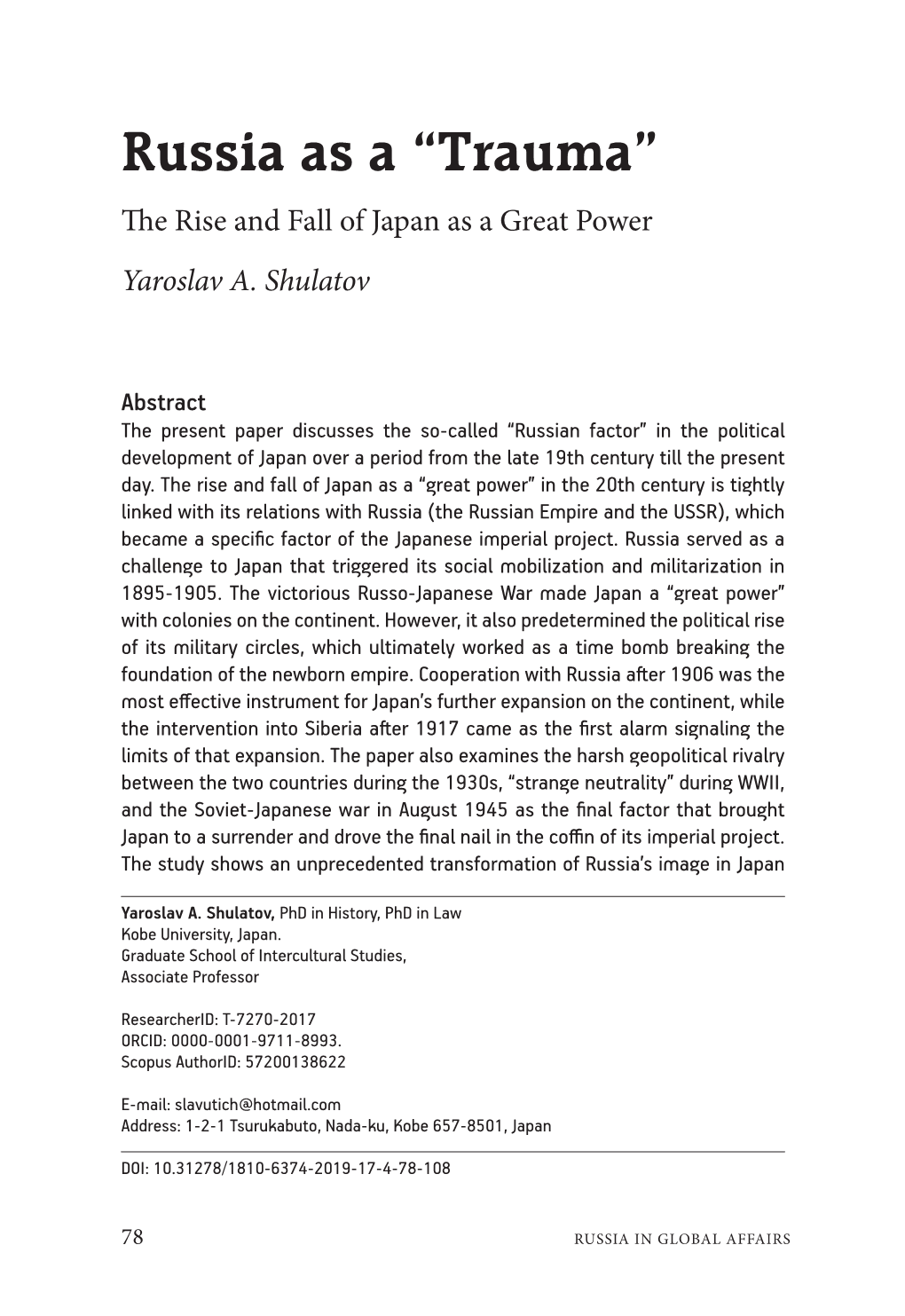 Russia As a “Trauma” the Rise and Fall of Japan As a Great Power Yaroslav A