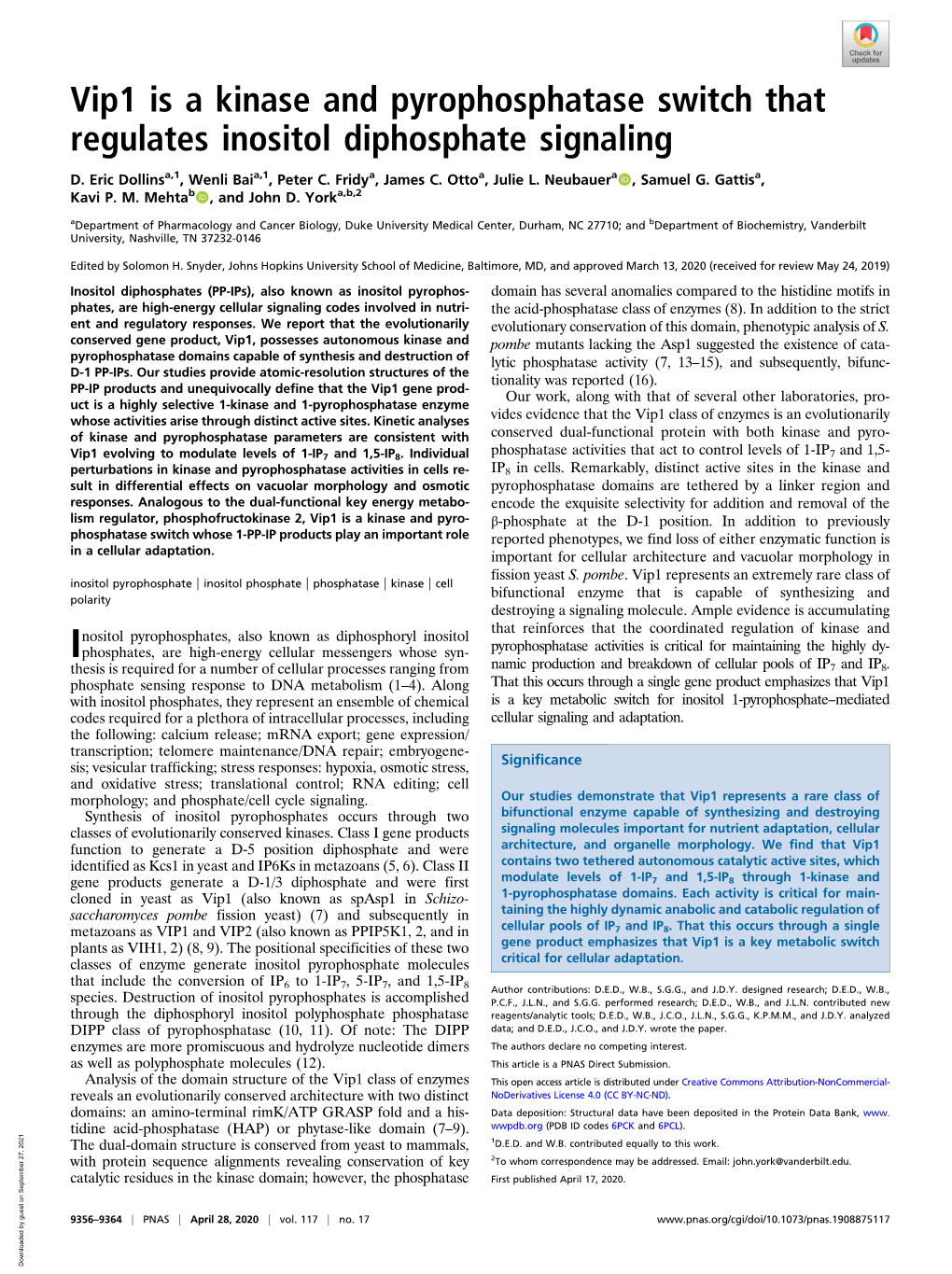 Vip1 Is a Kinase and Pyrophosphatase Switch That Regulates Inositol Diphosphate Signaling