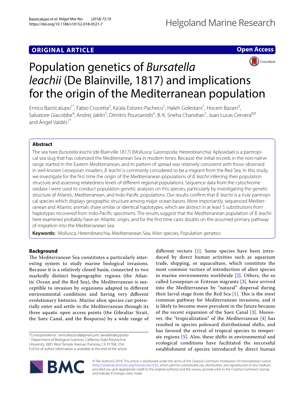 Population Genetics of Bursatella Leachii (De Blainville, 1817)