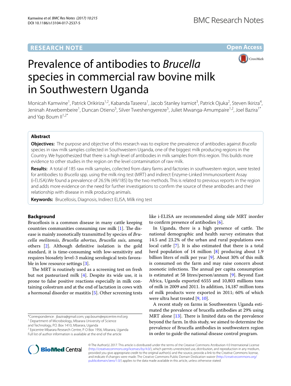 Prevalence of Antibodies to Brucella Species in Commercial Raw Bovine