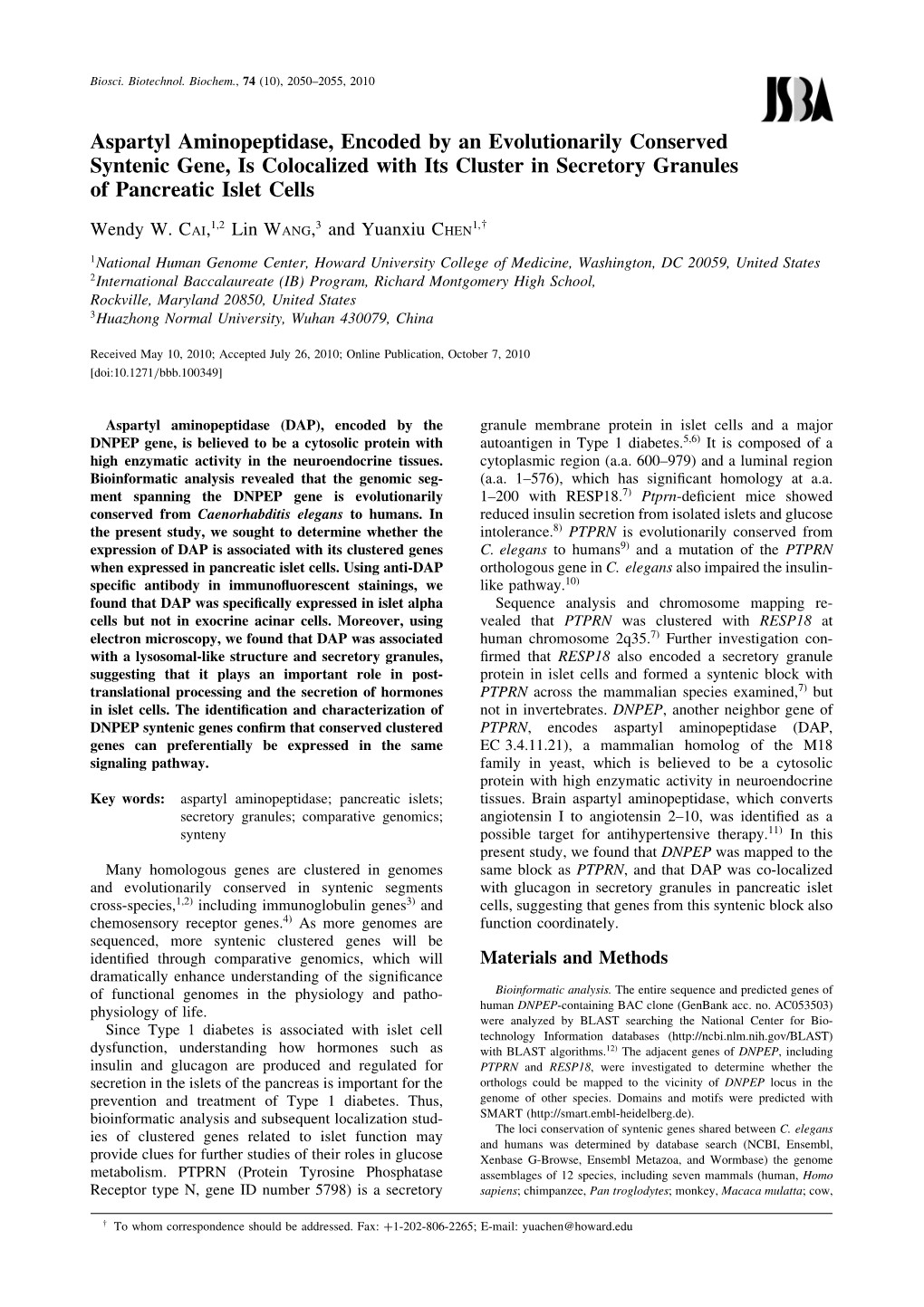 Aspartyl Aminopeptidase, Encoded by an Evolutionarily Conserved Syntenic Gene, Is Colocalized with Its Cluster in Secretory Granules of Pancreatic Islet Cells