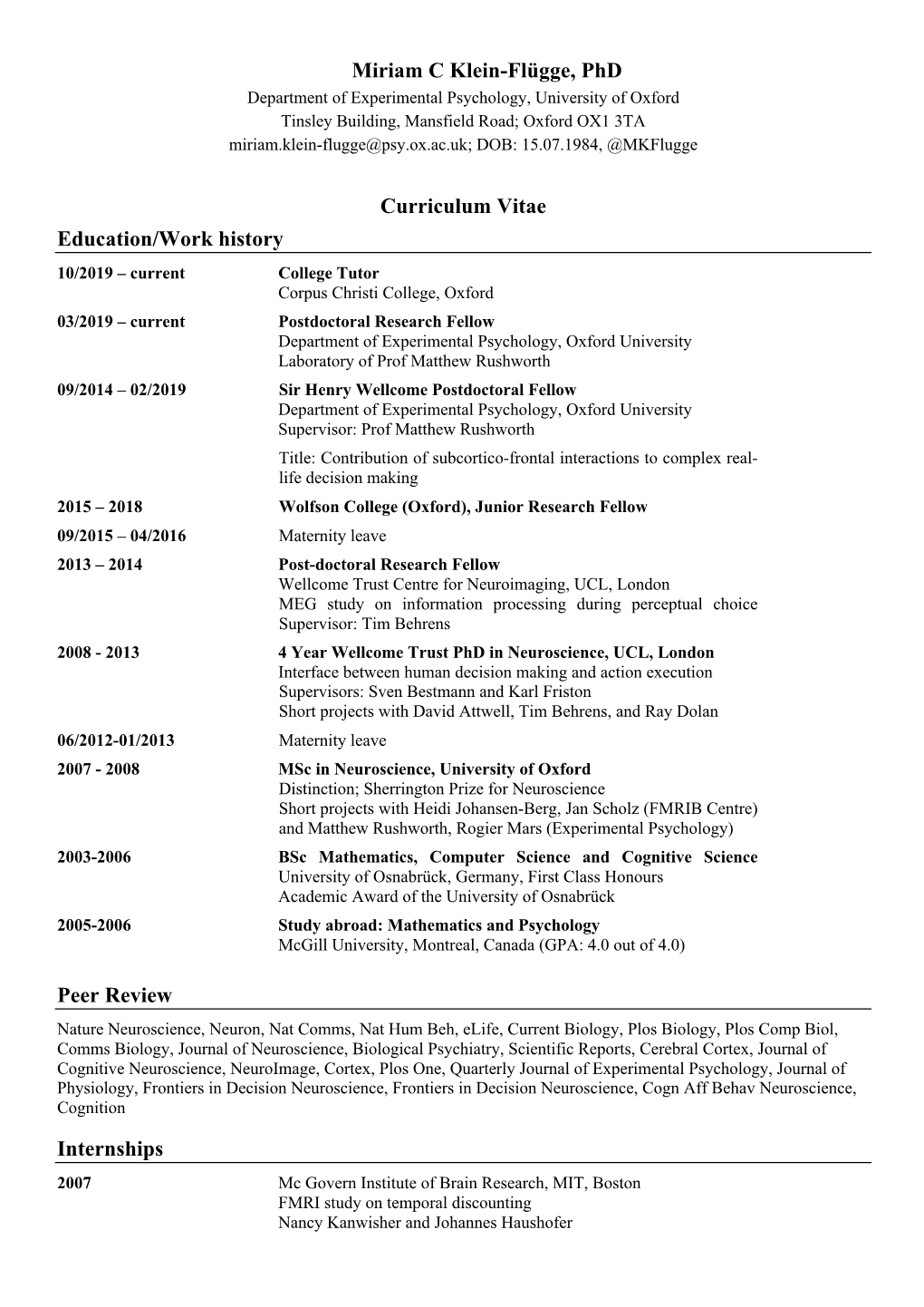 Miriam C Klein-Flügge, Phd Curriculum Vitae Education/Work