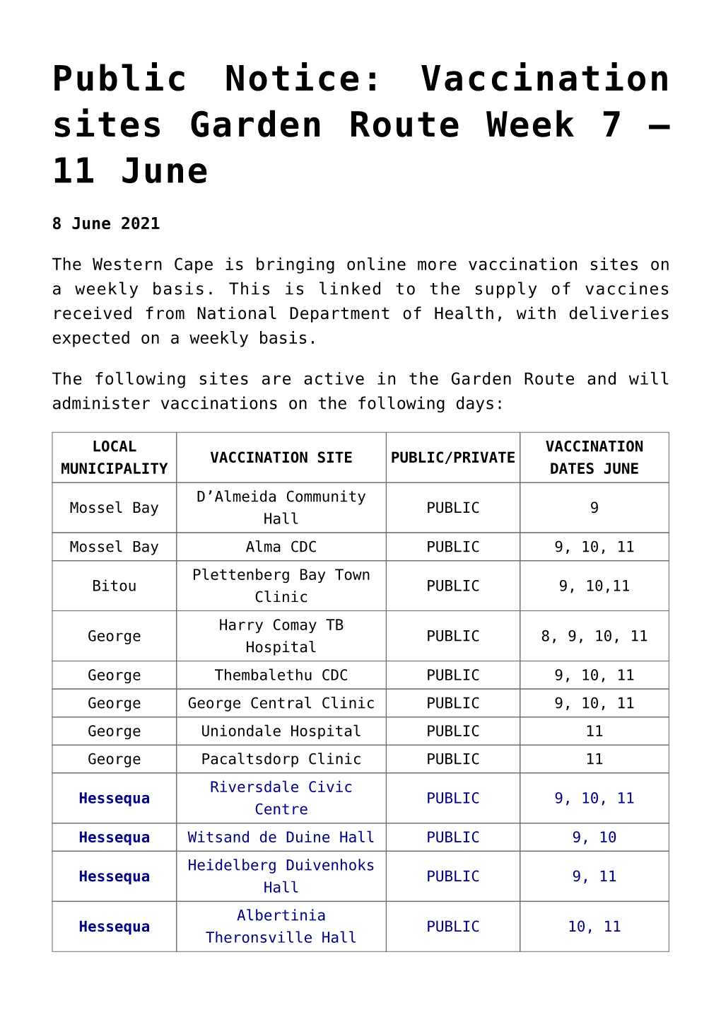 Public Notice: Vaccination Sites Garden Route Week 7 – 11 June
