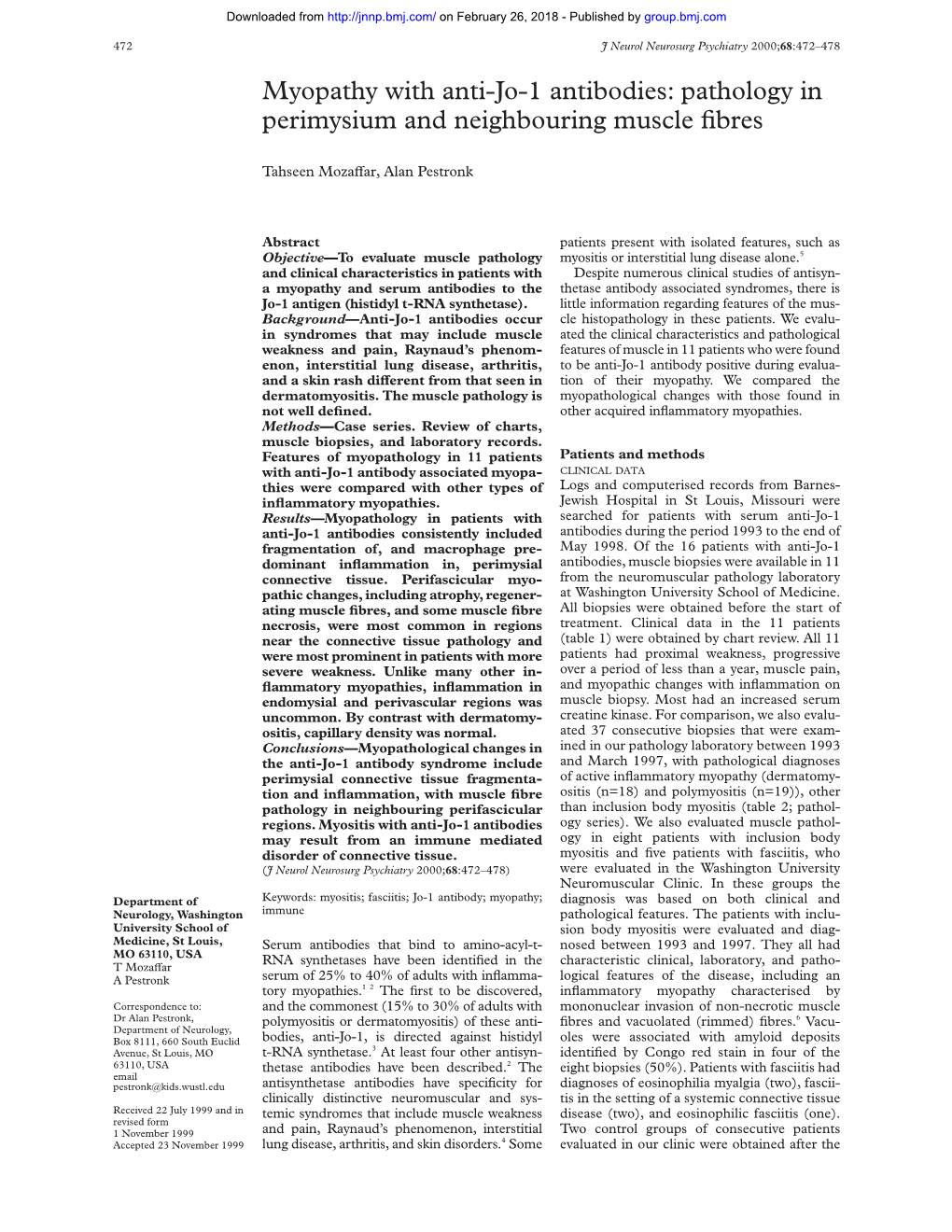 Myopathy with Anti-Jo-1 Antibodies: Pathology in Perimysium and Neighbouring Muscle ﬁbres