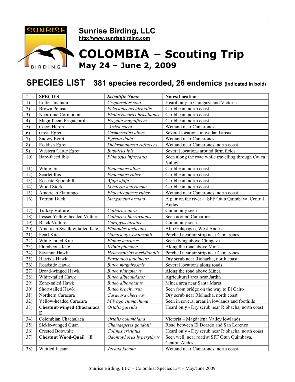 COLOMBIA – Scouting Trip May 24 – June 2, 2009