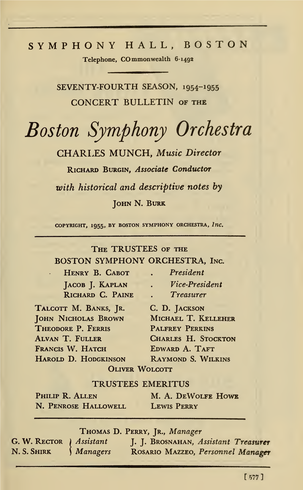 Boston Symphony Orchestra Concert Programs, Season 74, 1954-1955