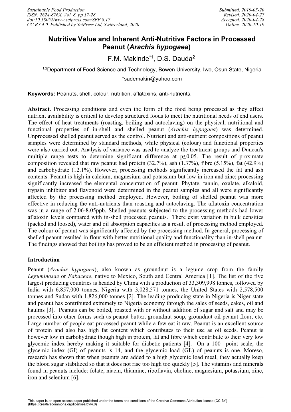 Nutritive Value and Inherent Anti-Nutritive Factors in Processed Peanut (Arachis Hypogaea) F.M