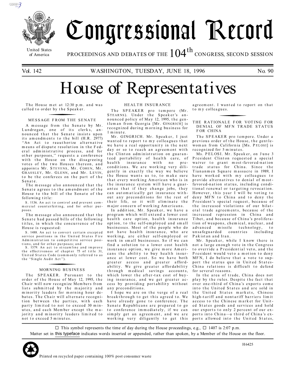 Congressional Record United States Th of America PROCEEDINGS and DEBATES of the 104 CONGRESS, SECOND SESSION