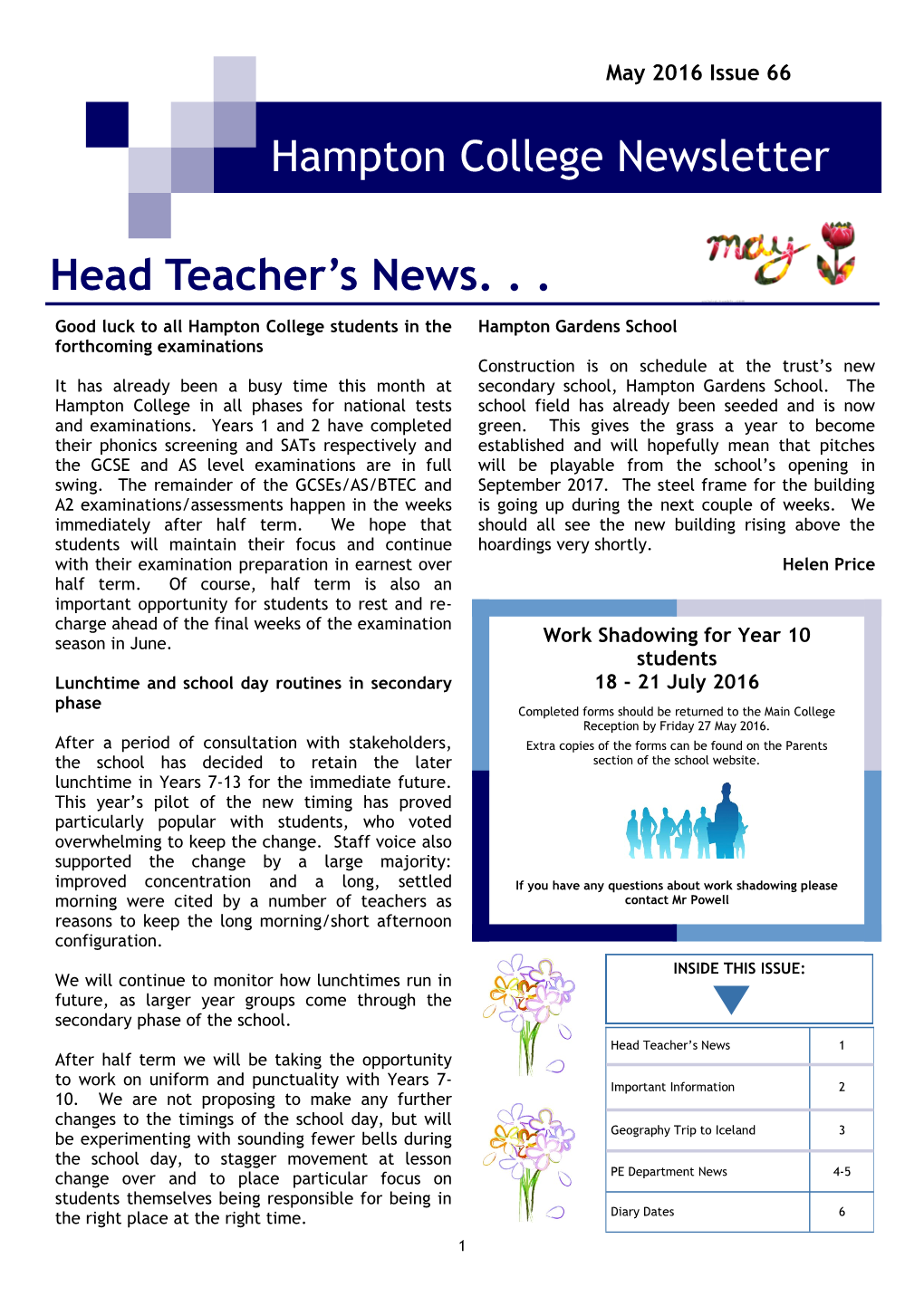 Hampton College Newsletter Head Teacher's News