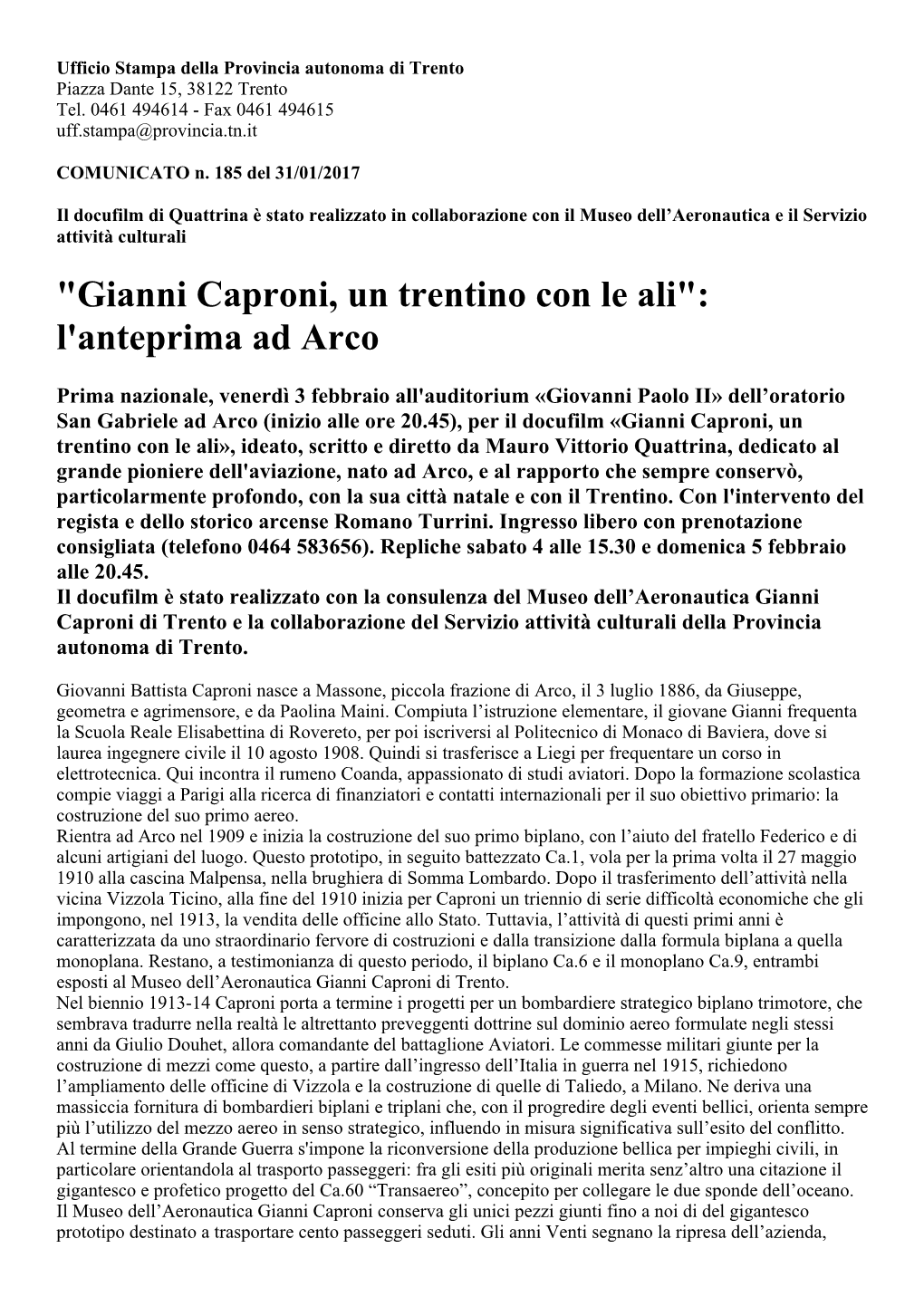 Gianni Caproni, Un Trentino Con Le Ali": L'anteprima Ad Arco
