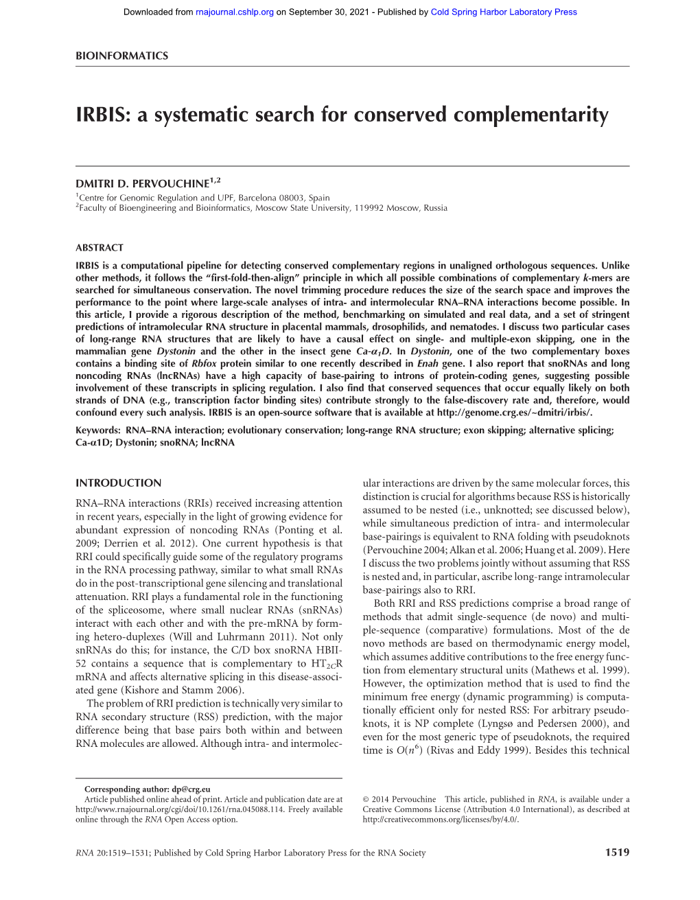 IRBIS: a Systematic Search for Conserved Complementarity